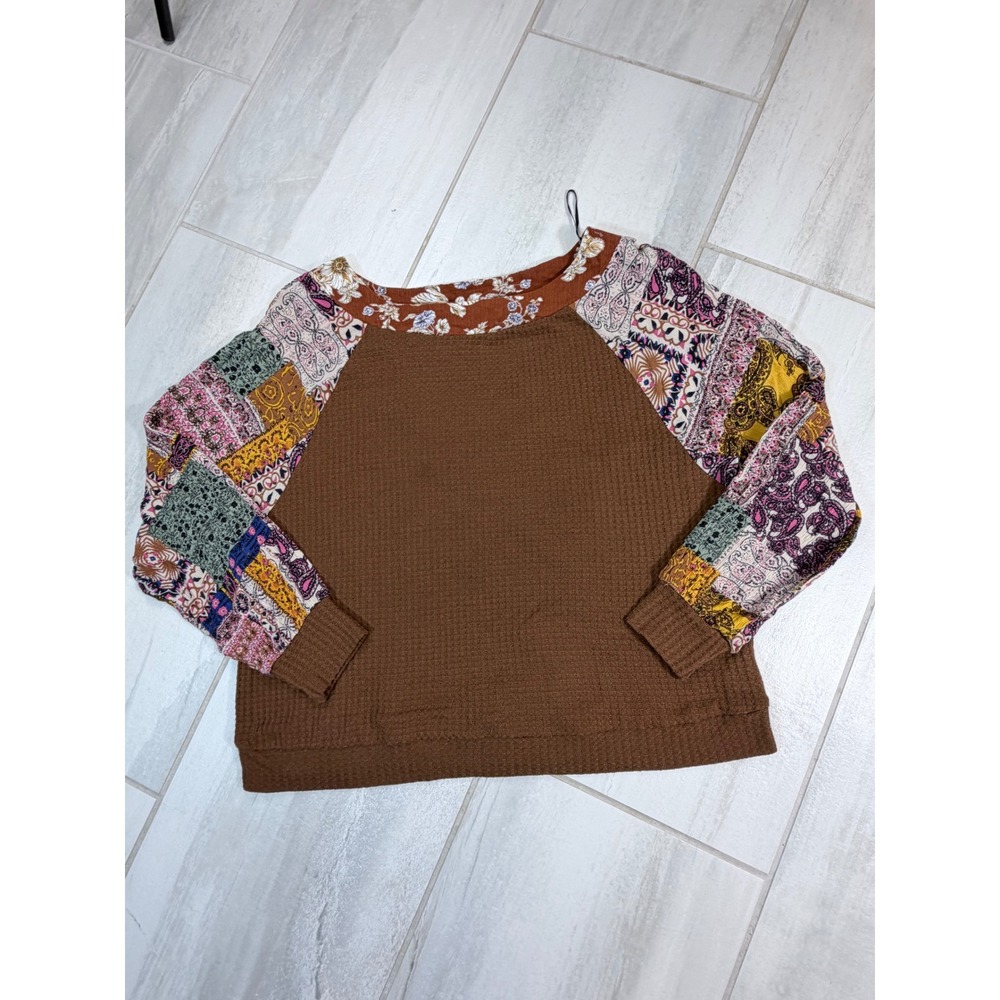 Umgee Brown Waffle Knit Patchwork Raglan Sleeve Top A5315 Boho Floral Paisley M